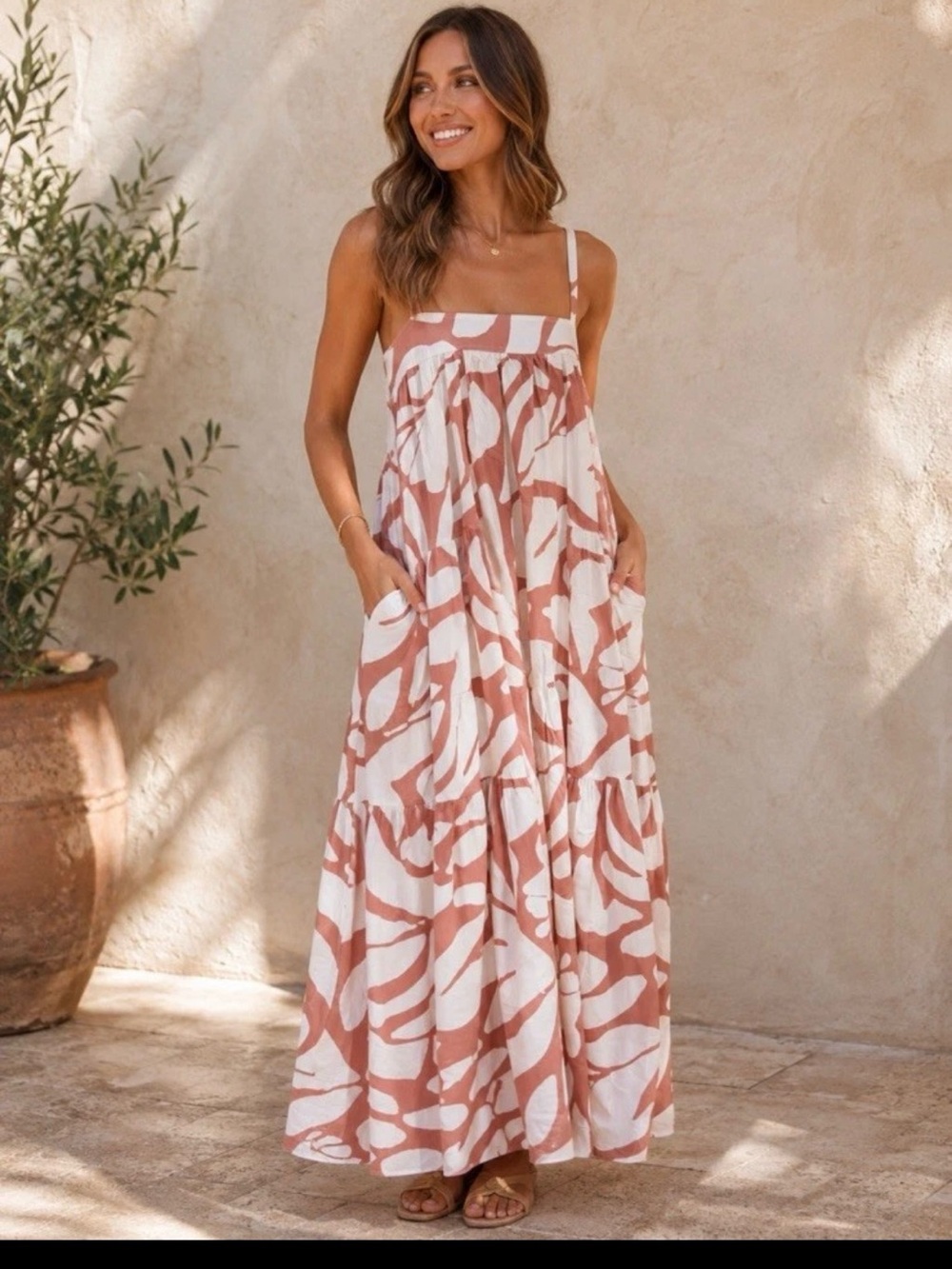 NWT Abel the Label Biege Cream Abstract Floral Women's Maxi Dress